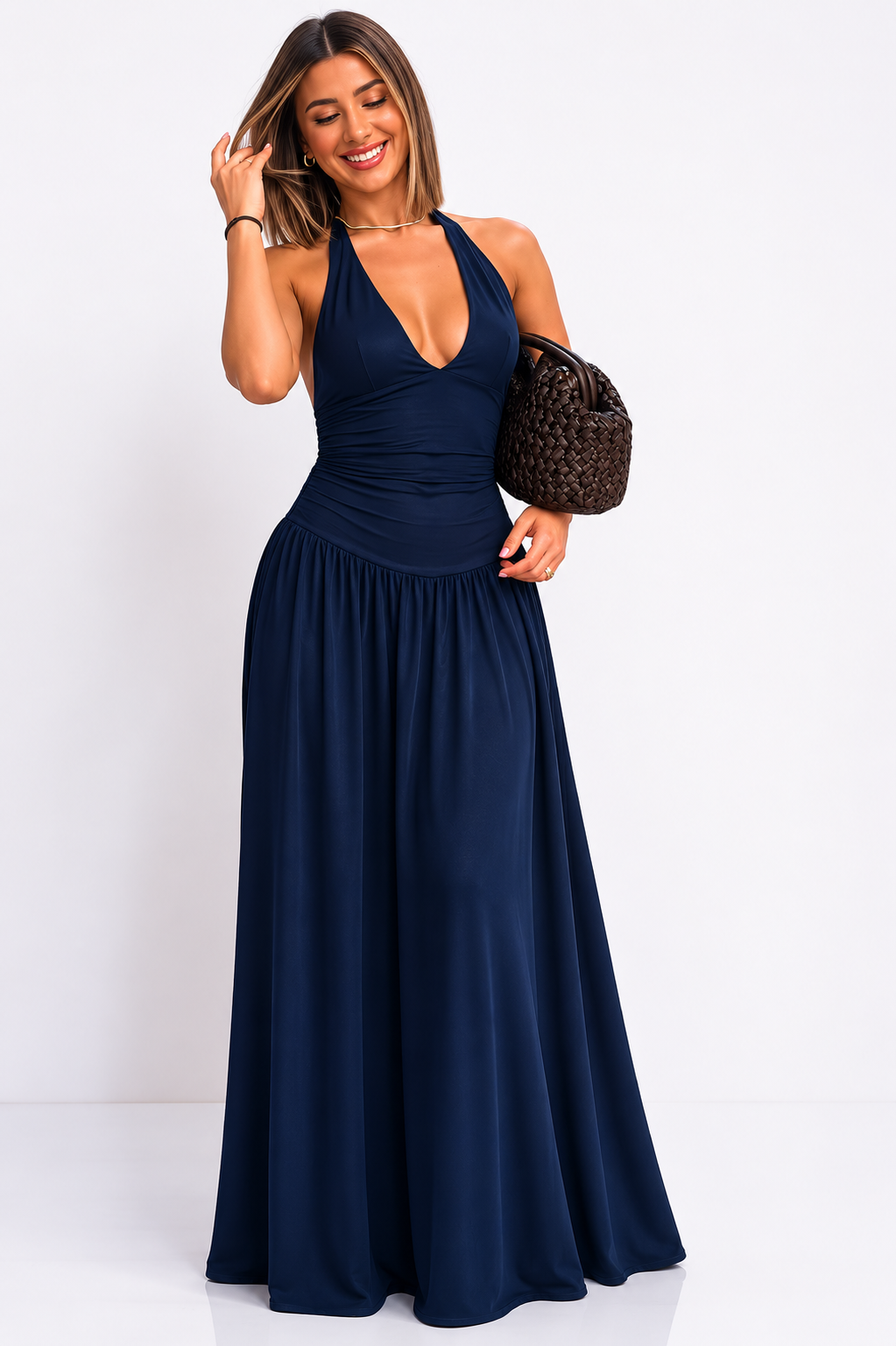 Navy Blue Halter Neck Maxi Dress
