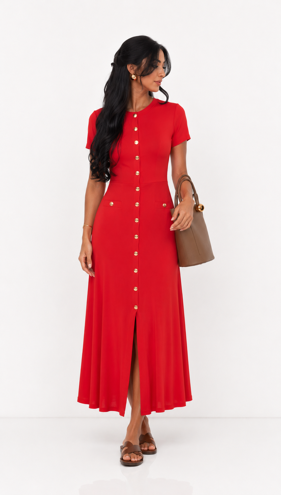 Red Button Detail Midi Dress