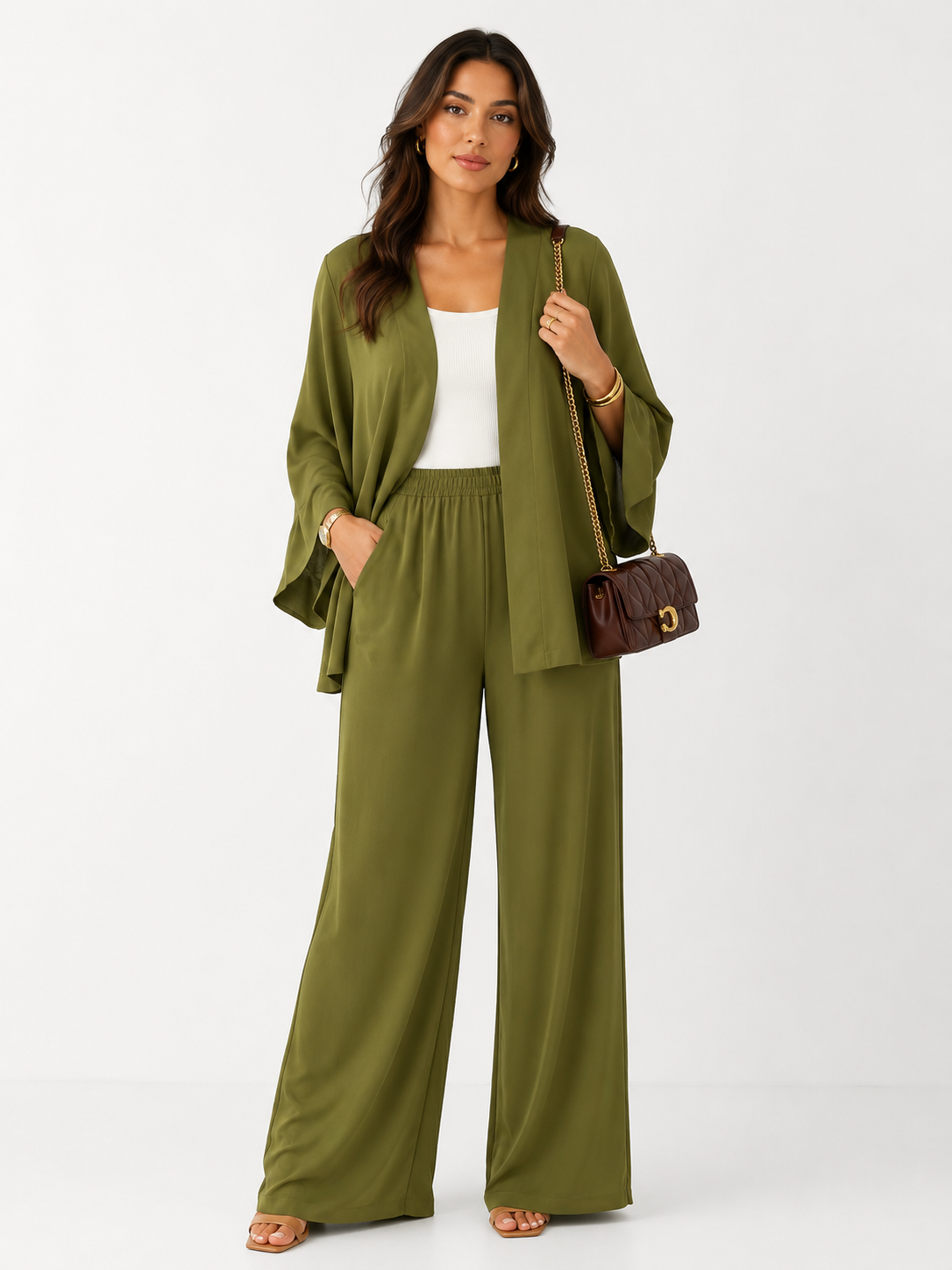 Olive Green Kimono & Wide Leg Pants Set