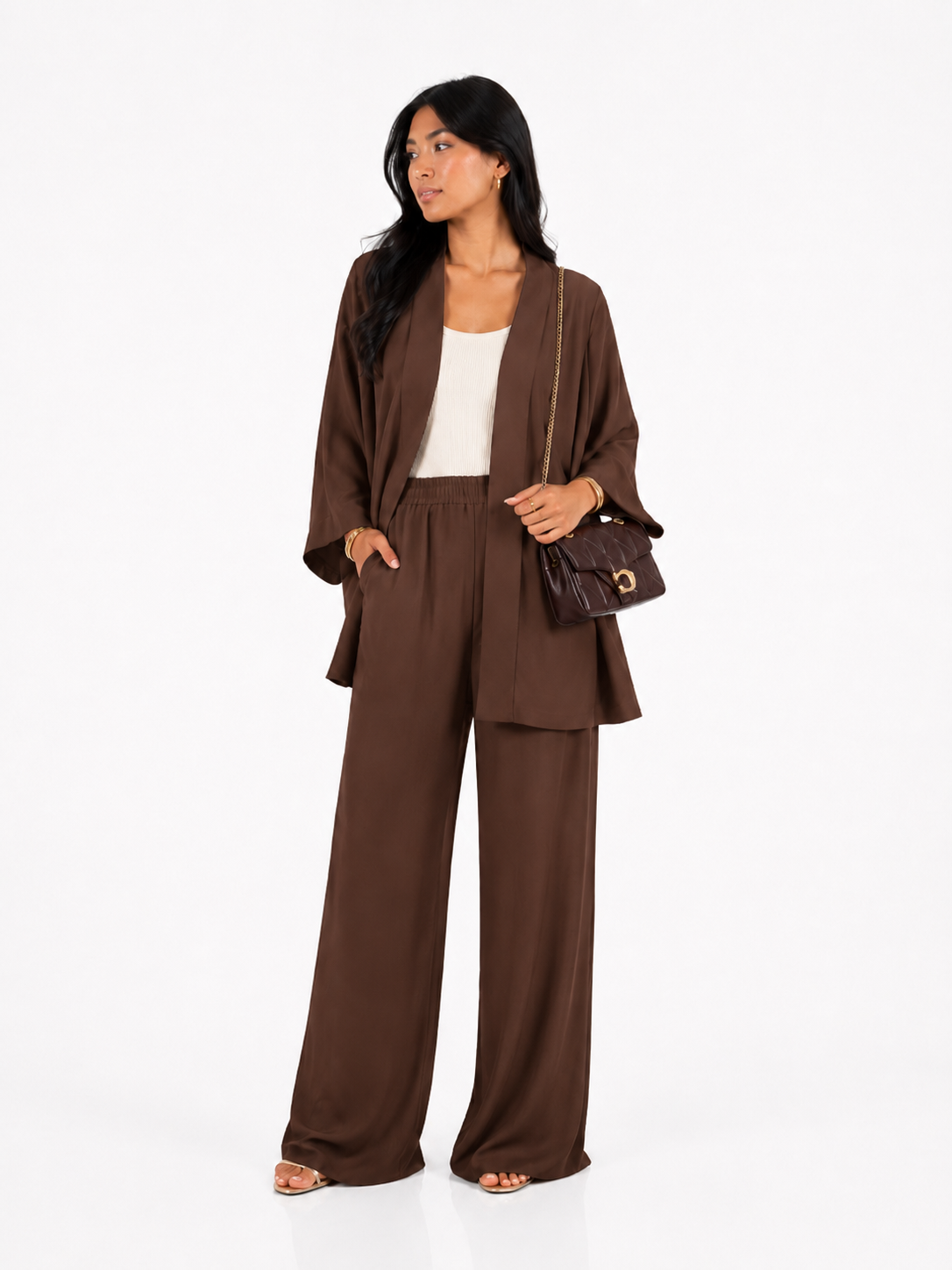 Mocha Kimono & Wide Leg Pants Set