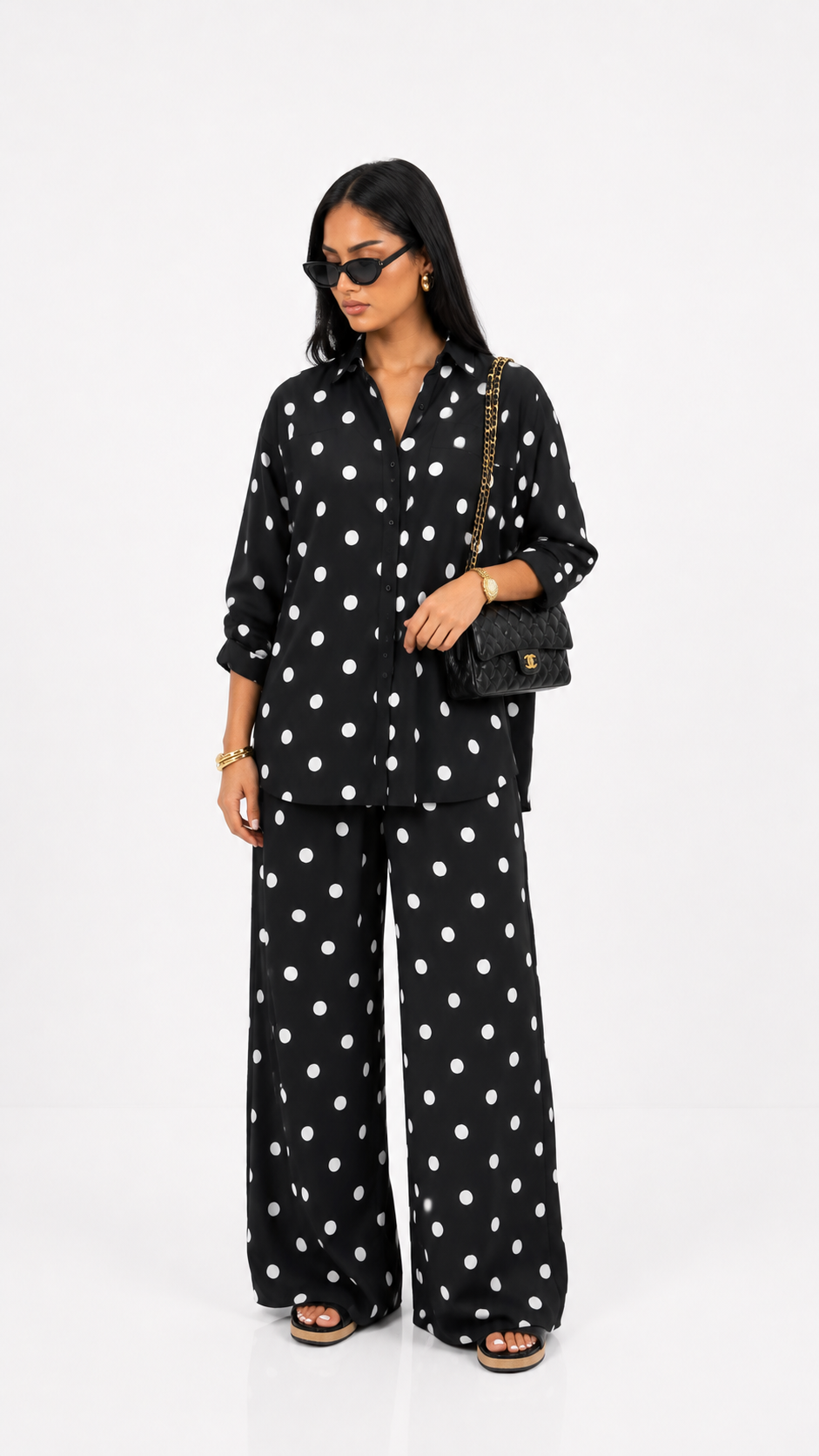 Black Polka Dot Shirt & Wide Leg Pants Set