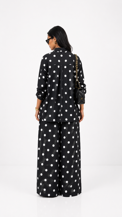 Black Polka Dot Shirt & Wide Leg Pants Set