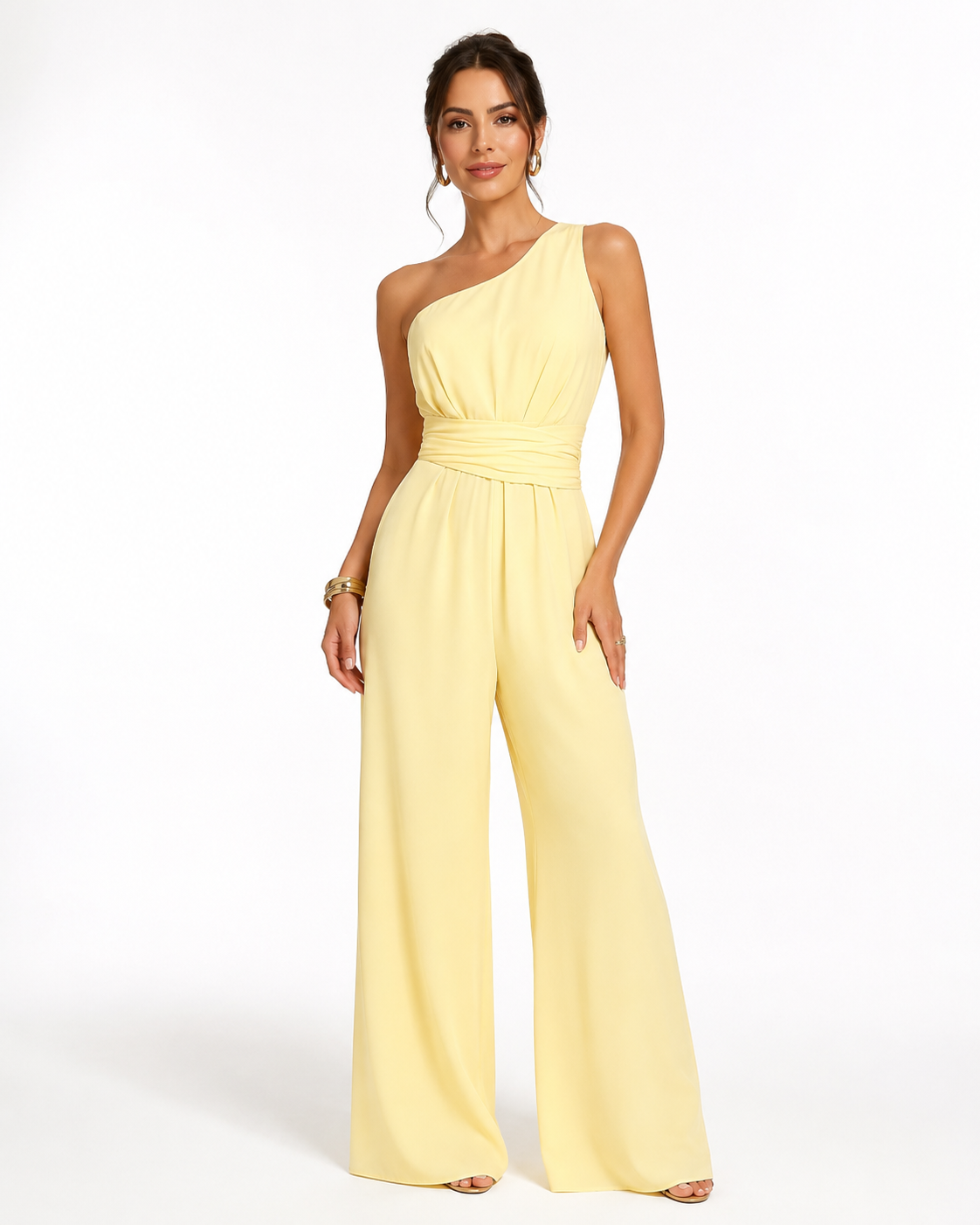 Soft Yellow One Shoulder Wide Leg Jumpsuit
